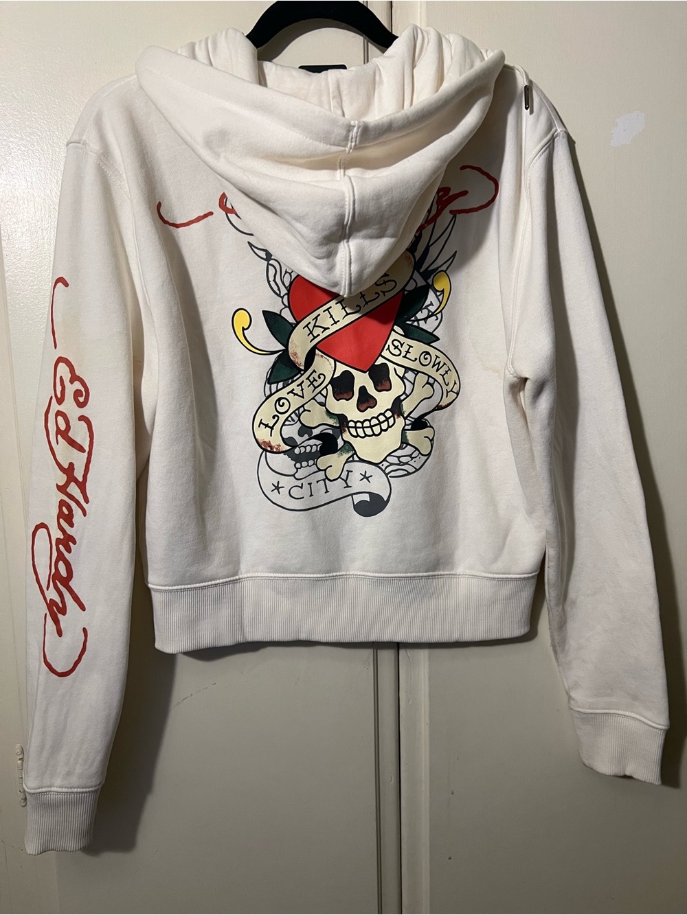 Ed Hardy Ivory Hoodie with Red Script & Multicolor Skull Heart Graphic